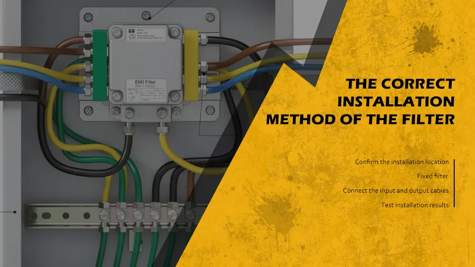 the proper installation technique of EMI filters, highlighting the importance of grounding connections to mitigate electromagnetic interference (EMI) in fire alarm systems.